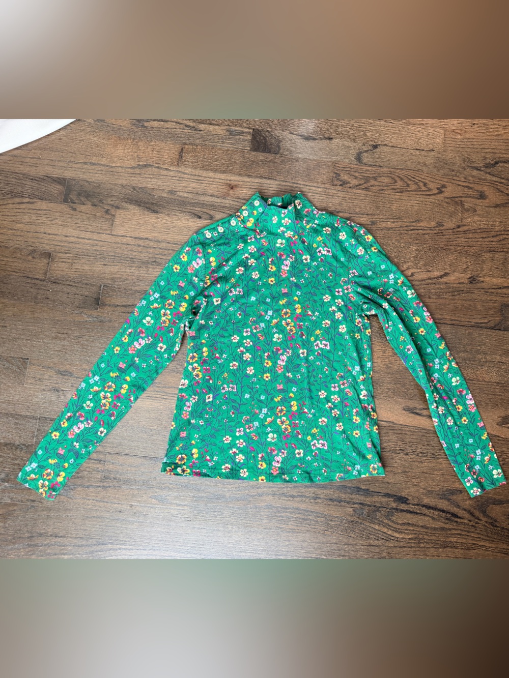 Anthropologie Green Floral Mock-Neck Long-Sleeve Top